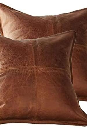 Lambskin Leather Pillow Cover - Decorative Sofa Cushion Case - Throw Covers for Living Room & Bedroom, 18" x 18" - Tan Antique Box Pack of 2