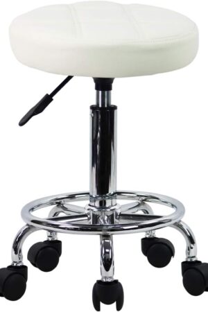 Round Rolling Stool Chair PU Leather Height Adjustable Swivel Drafting Work SPA Shop Salon Stools with Wheels Office Chair Small (White)