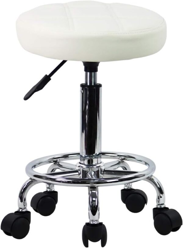 Round Rolling Stool Chair PU Leather Height Adjustable Swivel Drafting Work SPA Shop Salon Stools with Wheels Office Chair Small (White)