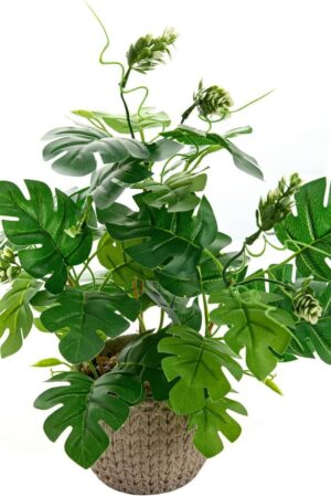 12.8'' Artificial Monstera Plants Lifelike Faux Plants in Off-White Woven Stripe Cement Planter Fake Plants Greenery Decor Perfect for Indoor Outdoor Office House Living Room Shelf Decoration