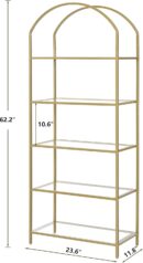 5-Tier Bookshelf Arched Display Racks, Metal Bookcase, Tempered Glass Shelves, Storage Rack Shelf for Home Office, Living Room, Bedroom, Bathroom, Modern Style, Golden