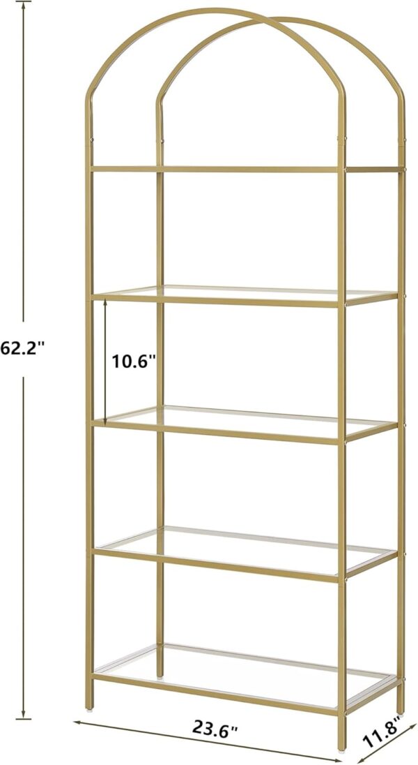 5-Tier Bookshelf Arched Display Racks, Metal Bookcase, Tempered Glass Shelves, Storage Rack Shelf for Home Office, Living Room, Bedroom, Bathroom, Modern Style, Golden - Image 2