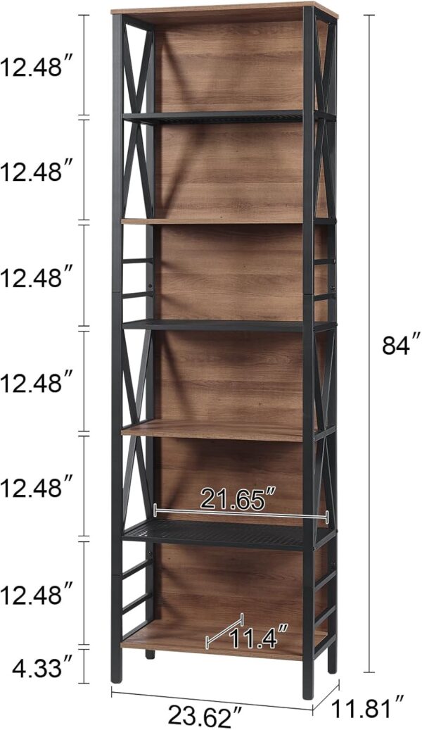 Tall Bookshelf, 7-Tier Book Shelf, Rustic Wood Metal Bookshelves and Bookcases, Freestanding and Industrial Open Bookcase for Home Office, Living Room and Bedroom, Vintage Brown - Image 2