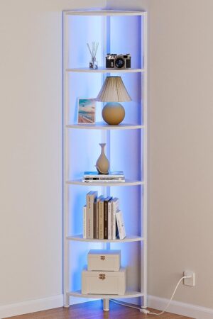 6 Tier Corner Shelf with  Light, 67.5” Tall Standing Shelf Organizer, White Narrow Bookshelf with Storage Rack for Wall Corner, Living Room, Bedroom, Metal Frame, Wood Display Shelf