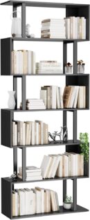 6 Tier Geometric Bookcase, Black Book Shelves, Modern Corner Bookcase Storage Shelf Wood for Bedroom, Living Room, Home Office, Black