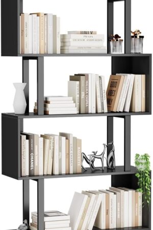 6 Tier Geometric Bookcase, Black Book Shelves, Modern Corner Bookcase Storage Shelf Wood for Bedroom, Living Room, Home Office, Black