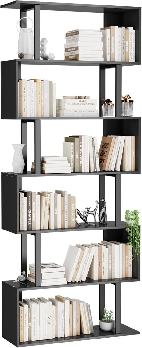 6 Tier Geometric Bookcase, Black Book Shelves, Modern Corner Bookcase Storage Shelf Wood for Bedroom, Living Room, Home Office, Black