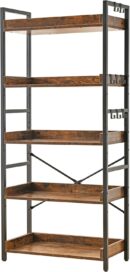 Adjustable 5 Tier Open Bookcase, Rustic Farmhouse Book Shelves, Industrial Wood and Black Metal Bookshelves, Mid Century Bookcase for Home Office Living Room Bedroom