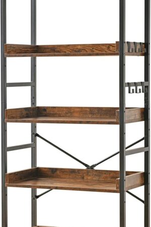 Adjustable 5 Tier Open Bookcase, Rustic Farmhouse Book Shelves, Industrial Wood and Black Metal Bookshelves, Mid Century Bookcase for Home Office Living Room Bedroom