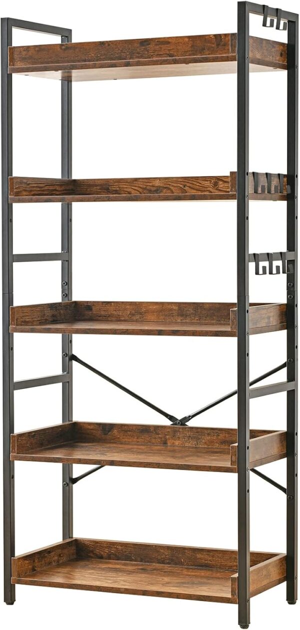 Adjustable 5 Tier Open Bookcase, Rustic Farmhouse Book Shelves, Industrial Wood and Black Metal Bookshelves, Mid Century Bookcase for Home Office Living Room Bedroom