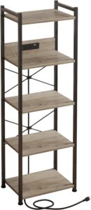 5 Tier Bookcase with Charging Station, Small Bookshelf Industrial Bookcase Storage Shelf, Organizer for /Movie/Book Displaying, Bookshelves for Bedroom Office Living Room