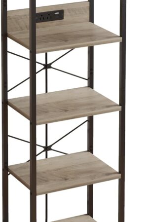 5 Tier Bookcase with Charging Station, Small Bookshelf Industrial Bookcase Storage Shelf, Organizer for /Movie/Book Displaying, Bookshelves for Bedroom Office Living Room