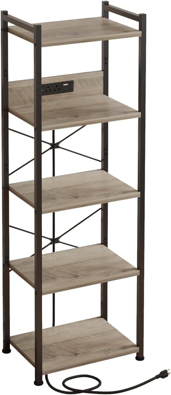 5 Tier Bookcase with Charging Station, Small Bookshelf Industrial Bookcase Storage Shelf, Organizer for /Movie/Book Displaying, Bookshelves for Bedroom Office Living Room