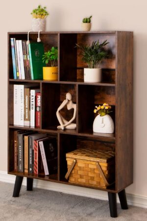 Cube Bookshelf 3 Tier Mid-Century Rustic Brown Modern Bookcase with Legs,Retro Wood Bookshelves Storage Organizer Shelf,Freestanding Open Book Shelves for Bedroom,Living Room,Office