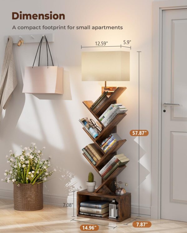 6 Tier Tree Bookshelf with Light, Narrow Bookcase Tower, Tall Floor Standing Book Organizer with Storage Cabinet for Living Room, Bedroom and Home Office, Rustic Brown - Image 2