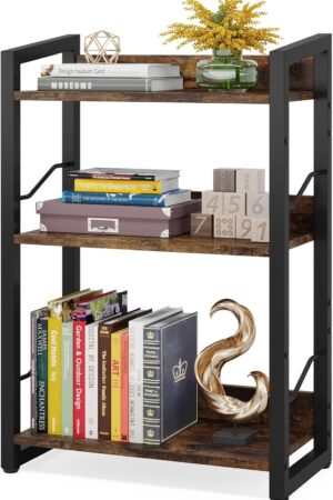 Book Shelf Small Bookshelf: 3-Tier Wood Bookcase Industrial Bookshelf with Edge Protection Metal Narrow Bookcase Storage Organizer Display Rack for Bedroom Home Office (Rustic Brown)