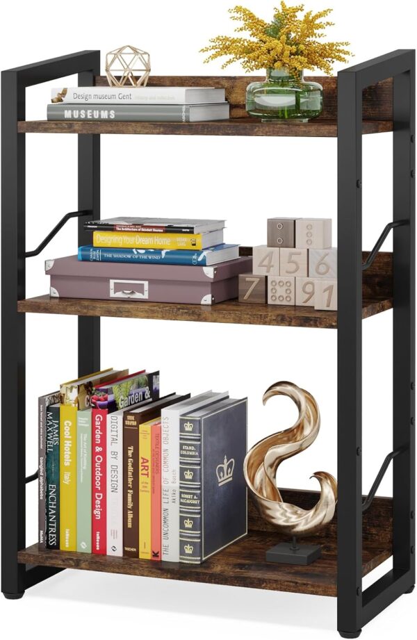 Book Shelf Small Bookshelf: 3-Tier Wood Bookcase Industrial Bookshelf with Edge Protection Metal Narrow Bookcase Storage Organizer Display Rack for Bedroom Home Office (Rustic Brown)