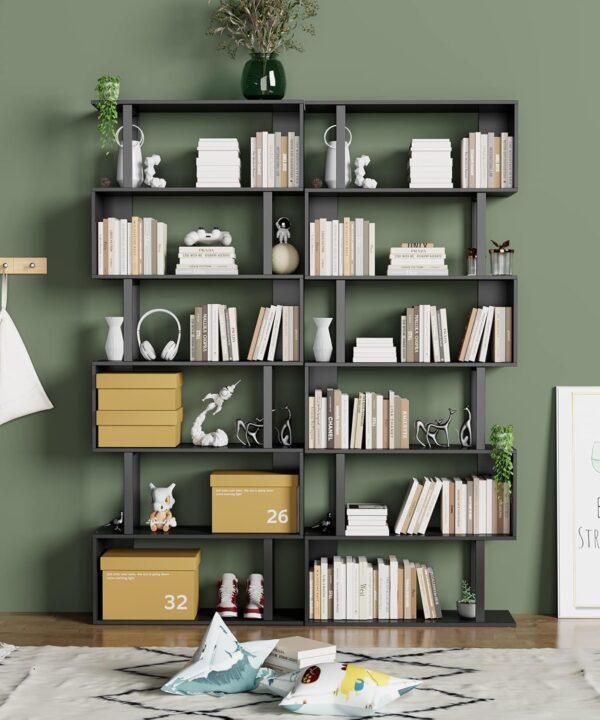 6 Tier Geometric Bookcase, Black Book Shelves, Modern Corner Bookcase Storage Shelf Wood for Bedroom, Living Room, Home Office, Black - Image 2