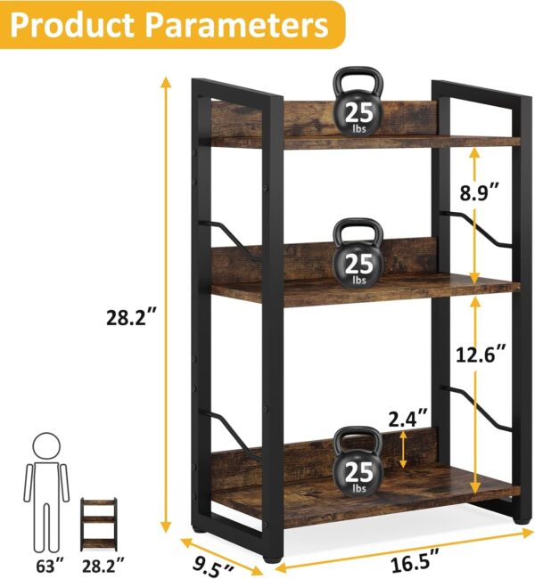 Book Shelf Small Bookshelf: 3-Tier Wood Bookcase Industrial Bookshelf with Edge Protection Metal Narrow Bookcase Storage Organizer Display Rack for Bedroom Home Office (Rustic Brown) - Image 2