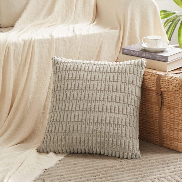 4 Packs Neutral Decorative Throw Pillow Covers 18x18 Inch for Living Room Couch Bed Sofa, Rustic Farmhouse Boho Home Decor, Soft Plush Striped Corduroy Square Cushion Case 45x45 cm - Image 2