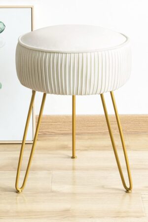 Pleated Vanity Stool, Velvet Upholstered Vanity Stool for Makeup Room, Round Stool for Vanity, Ottoman Footrest Stool with Metal Legs for Living Room, Bedroom, White