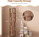 Solid Wood Rotating Bookshelf on Wheels, 6 Tier, Round Revolving Bookcase, 360° Spinning Book Shelf Tower for Kids, Narrow Rolling Bookshelves for Small Space, Corner, Bedroom, Office, Walnut