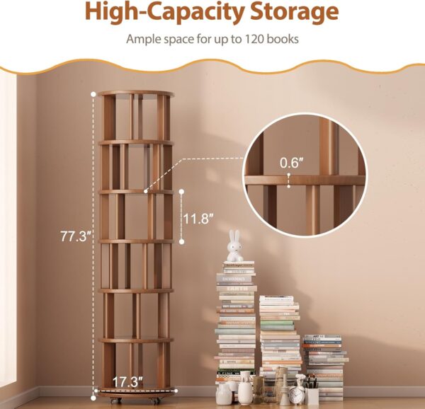 Solid Wood Rotating Bookshelf on Wheels, 6 Tier, Round Revolving Bookcase, 360° Spinning Book Shelf Tower for Kids, Narrow Rolling Bookshelves for Small Space, Corner, Bedroom, Office, Walnut - Image 2