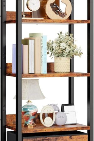 5 Tier Bookshelf with Drawer, Tall Narrow Bookcase with Shelves, Wood and Metal Bookshelves Storage Organizer, Industrial Display Standing Shelf Unit for Bedroom, Living Room, Rustic Brown