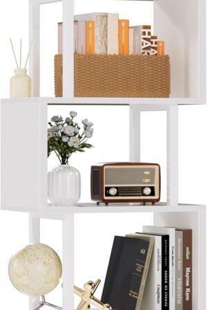White Geometric Bookshelf 6 Tier S-Shaped Bookcase, Tall Modern Display Storage Shelf, Metal and Wood Decorative Freestanding Room Divider Shelves for Bedroom, Living Room, Office