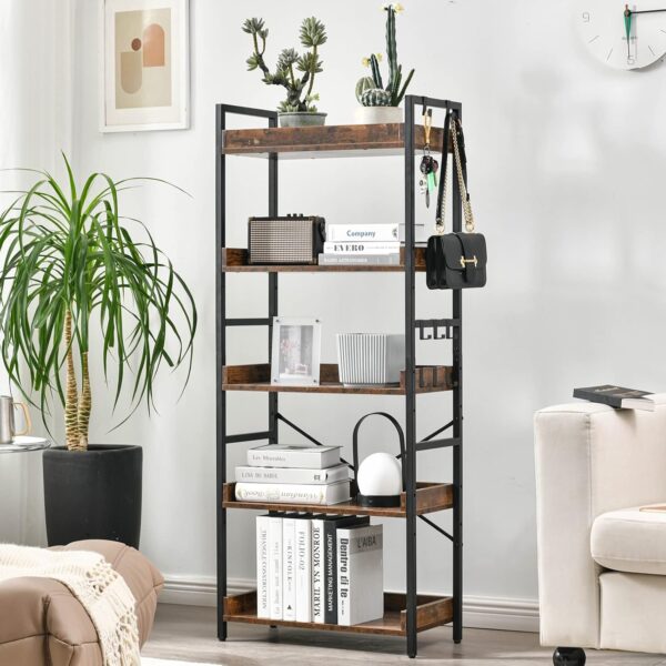Adjustable 5 Tier Open Bookcase, Rustic Farmhouse Book Shelves, Industrial Wood and Black Metal Bookshelves, Mid Century Bookcase for Home Office Living Room Bedroom - Image 2