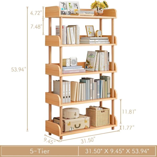 5-Tier Wooden Open Bookcase - Modern Display Bookshelf with Top Edge and Solid Wood Frame for Home and Office, Storage Cabinet, Oak - Image 2