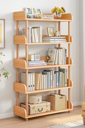 5-Tier Wooden Open Bookcase - Modern Display Bookshelf with Top Edge and Solid Wood Frame for Home and Office, Storage Cabinet, Oak