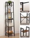 Ladder Shelf, Bookshelf Bookcase, Freestanding Corner Storage Shelve with 2 Hooks for Home Office, Living Room, Kitchen, Bedroom, Industrial, 5-Tier Rustic Brown