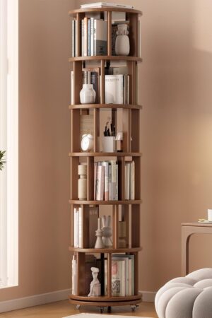 Solid Wood Rotating Bookshelf on Wheels, 6 Tier, Round Revolving Bookcase, 360° Spinning Book Shelf Tower for Kids, Narrow Rolling Bookshelves for Small Space, Corner, Bedroom, Office, Walnut