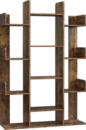 Bookshelf, Tree-Shaped Bookcase with 13 Storage Shelves, Rounded Corners, 9.8”D x 33.9”W x 55.1”H, Rustic Brown