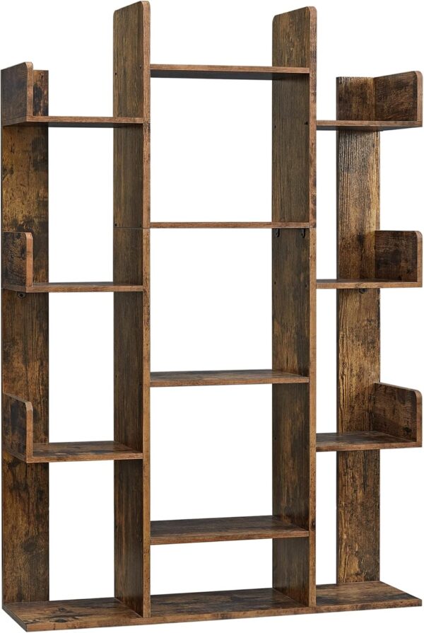 Bookshelf, Tree-Shaped Bookcase with 13 Storage Shelves, Rounded Corners, 9.8”D x 33.9”W x 55.1”H, Rustic Brown