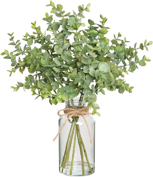 Fake Eucalyptus Stems in Glass Vase with Faux Water,14" Artificial Plants Eucalyptus Leaves for Shelf Desk Bathroom Farmhouse Room Coffee Table Home Decor (Sage Green)
