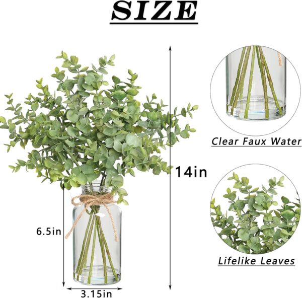 Fake Eucalyptus Stems in Glass Vase with Faux Water,14" Artificial Plants Eucalyptus Leaves for Shelf Desk Bathroom Farmhouse Room Coffee Table Home Decor (Sage Green) - Image 2