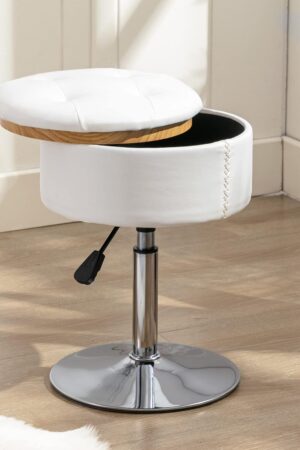 360°Swivel Vanity Stool Chair for Makeup Room, Height Adjustable Stool for Vanity with Storage, Small White Faux Leather for Bathroom, Living Room