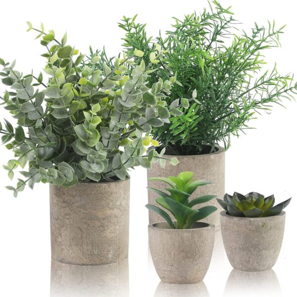 4 Packs Fake Plants Small Artificial Plants Indoor Eucalyptus Rosemary Succulents Plants Potted Faux Plants for Home Indoor Office Bathroom Living Room Decor