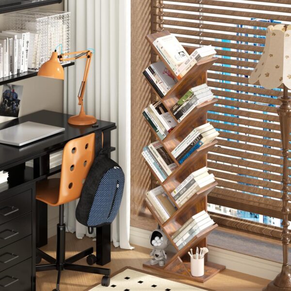 10 Tier Tree Book Shelf, Floor Standing Wood Bookshelf for Narrow Space, Storage Organizer Bookshelves for Books/s/Magazine, Bookcase with Shelves for Home Office, Living Room - Brown - Image 2