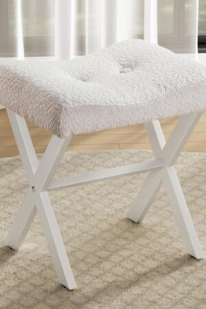18-Inch Vanity Stool, Vanity Chair with Metal X-Legs, Ottoman Foot Stool with Breathable and Soft Boucle Fabric Saddle Seat, White