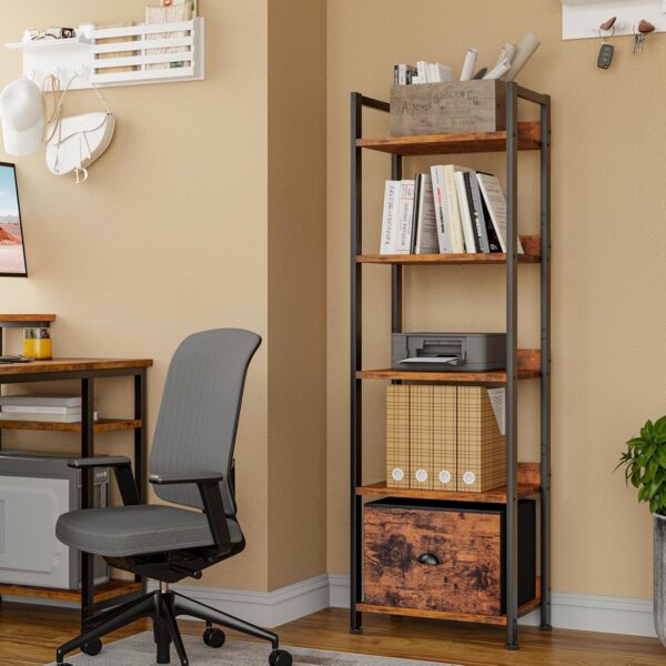 5 Tier Bookshelf with Drawer, Tall Narrow Bookcase with Shelves, Wood and Metal Bookshelves Storage Organizer, Industrial Display Standing Shelf Unit for Bedroom, Living Room, Rustic Brown - Image 2