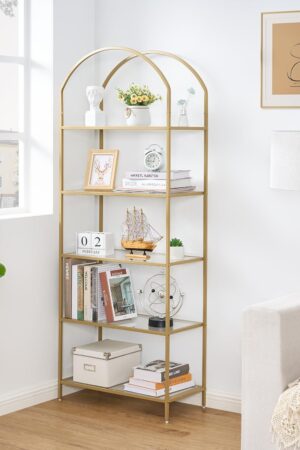 5-Tier Bookshelf Arched Display Racks, Metal Bookcase, Tempered Glass Shelves, Storage Rack Shelf for Home Office, Living Room, Bedroom, Bathroom, Modern Style, Golden