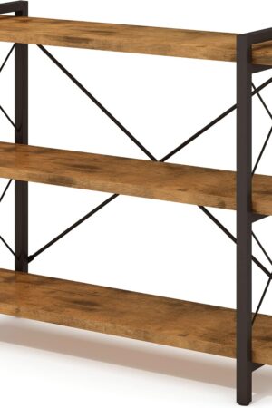Bookshelf, 3-Tier Industrial Bookcase, Rustic Open Book Shelf, Wood and Metal Horizontal Bookshelves