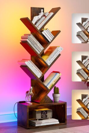 6 Tier Tree Bookshelf with Lights,  Book Tree Bookshelf with Storage Organizer, Small Corner Bookcase Floor Standing Book Shelf for Living Room, Bedroom & Home Office, Rustic Brown