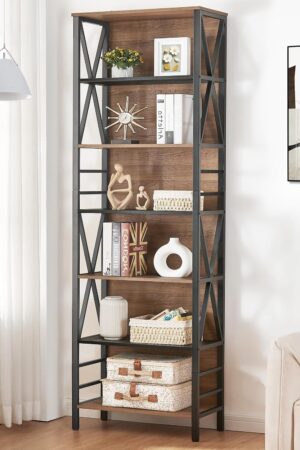 Tall Bookshelf, 7-Tier Book Shelf, Rustic Wood Metal Bookshelves and Bookcases, Freestanding and Industrial Open Bookcase for Home Office, Living Room and Bedroom, Vintage Brown