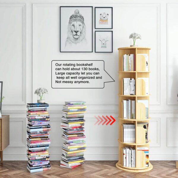 Rotating Bookshelf, 360 Display Corner Bookshelf for Small Space, 5 Tier Floor Standing Bookcase Storage Rack, Wood Narrow Organizer for Bedroom, Living Room, Study Room, Kids&Adults Solid - Image 2