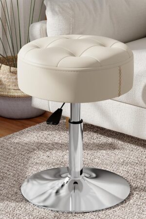 Adjustable & Swivel White Vanity Stool Chair for Vanity Bathroom Living Room, Small Vanity Chair for Makeup Room, Round Ottoman Makeup Chair, PU Leather