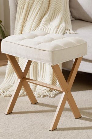 Vanity Stool with Metal X Leg, Makeup Vanity Chair Foot Stool for Living Room, Small Square Ottoman Stool Foot Rest, Vanity seat for Bedroom,Linen Beige
